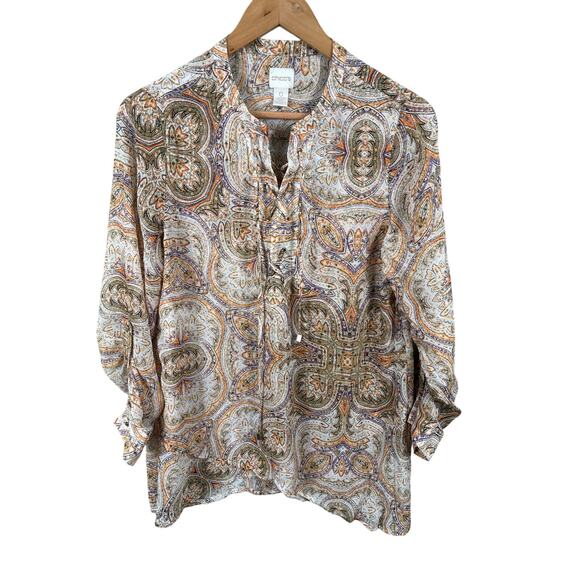 Chico's Women's O Small Paisley Asymmetric Layered Hem Roll Tab Sleeve Tunic Top - Picture 1 of 9